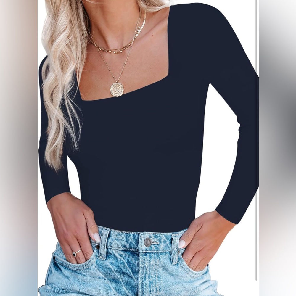 SAUNGKUAI Women's Long Sleeve Square Neck Thong Bodysuit